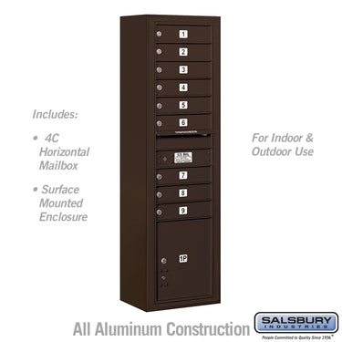 Maximum Height Surface Mounted 4C Horizontal Mailbox with 9 Doors and 1 Parcel Locker in Bronze with USPS Access